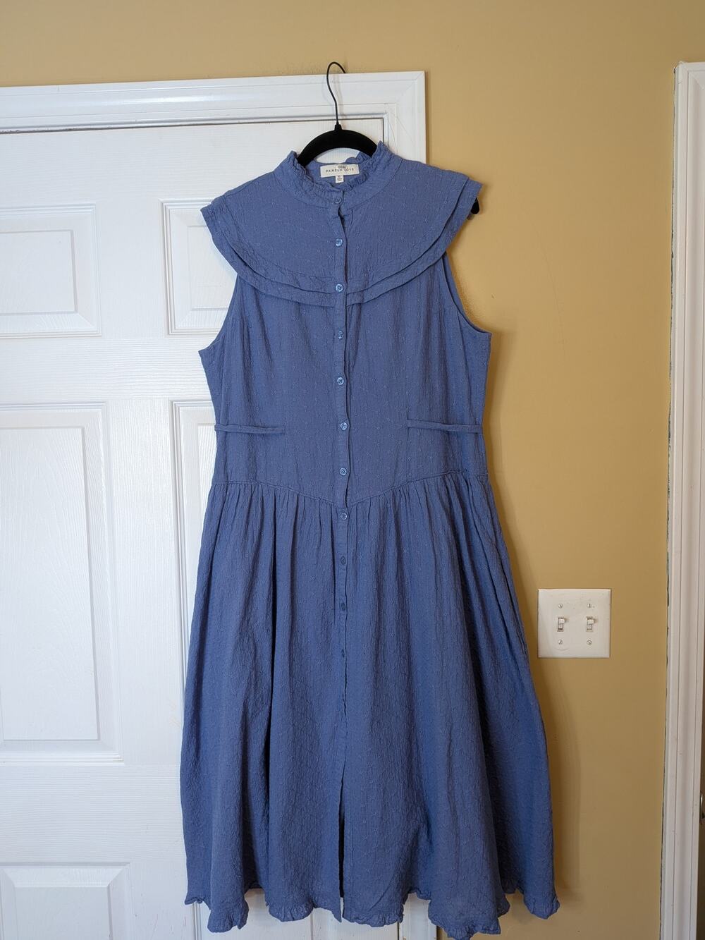 Pamela Love Embroidered Ruffle Collar Midi Dress Size XL Blue Cotton Prairie